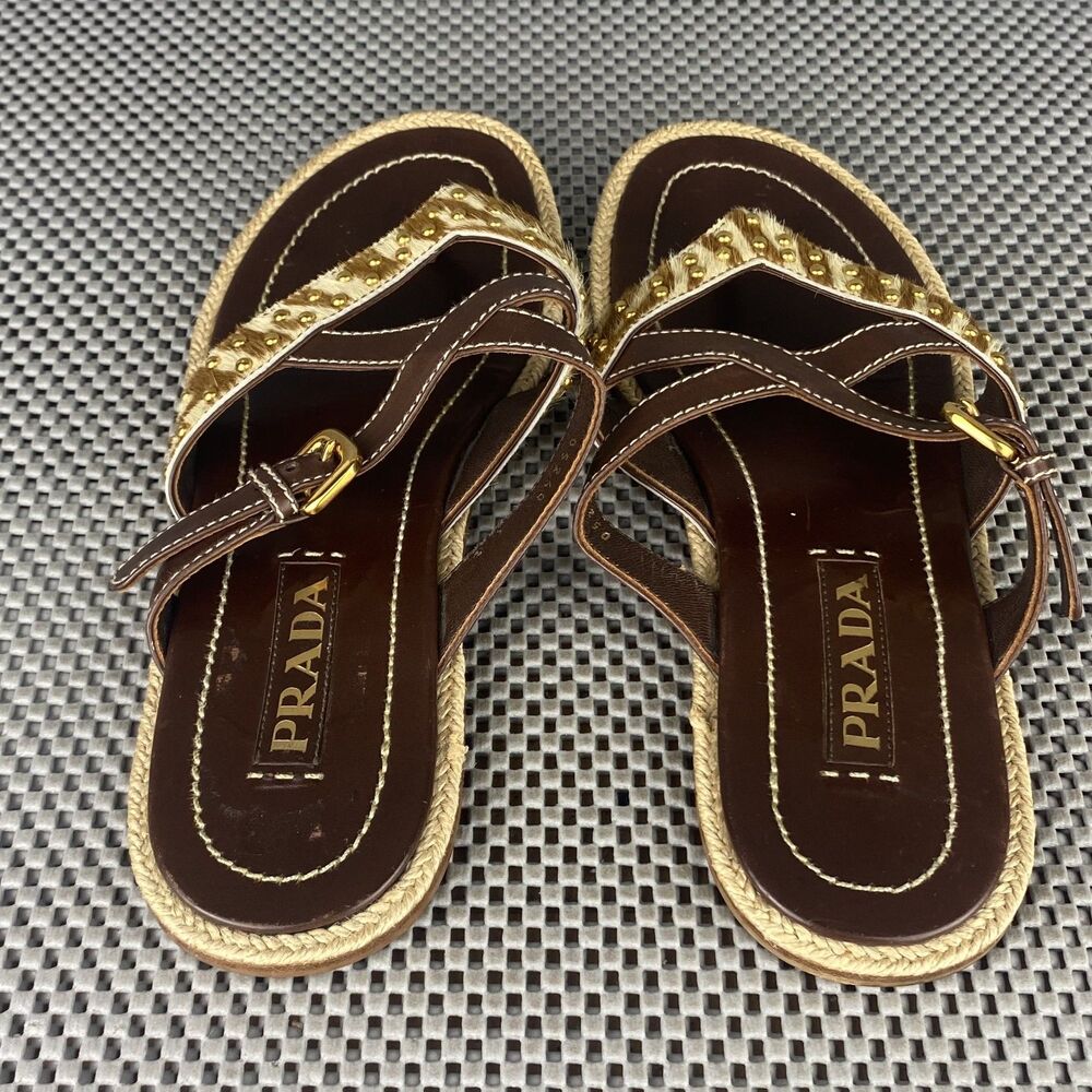 Vintage Prada Sandals Womens 37.5 Brown Leather Thong Sandals Made in Italy - Picture 8 of 12